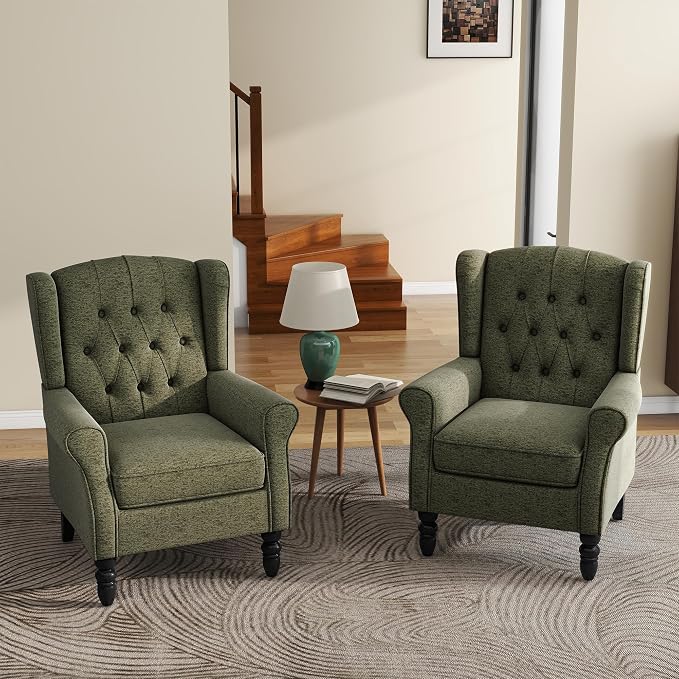 High Back Accent Chairs Set of 2, Upholstered Armchair Wingback Arm Chair for Living Room, Comfy Single Sofa Solid Wood Legs Bedroom Reading Seat - Green