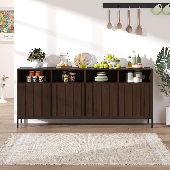 COCO DESIGN 70" Buffet Sideboard Cabinet with Fluted Panel Doors, Large Credenza Console with Power Outlet & Adjustable Shelves, Modern Storage Cabinet for Kitchen & Living Room, Walnut