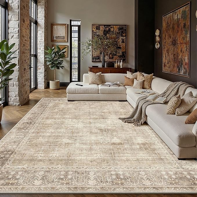 HUGEAR Beige 9x12 Washable Area Rugs for Living Room Bedroom Large Neutral Vintage Rug Soft Durable Carpet Distressed Non Slip & Shedding Stain Resistant Low Pile for Home Decor