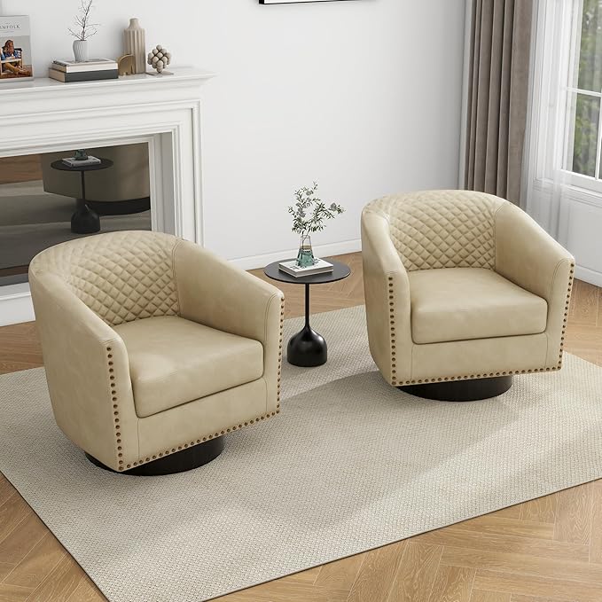 UIXE Faux Leather Swivel Barrel Accent Chair, Upholstered Round Armchair Club Chair for Living Room, Comfy Single Sofa Bedroom Reading Seat - Beige Cream