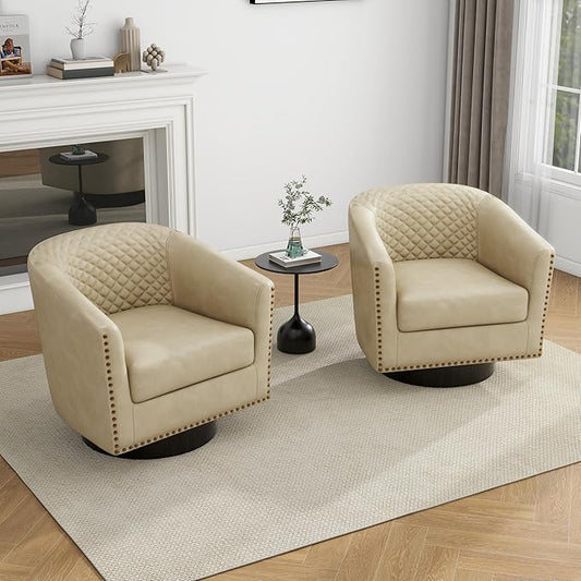 UIXE Swivel Accent Chairs Set of 2, PU Leather Barrel Club Chair for Living Room, Upholstered Round Armchair Comfy Single Sofa Bedroom Reading Seat - Beige