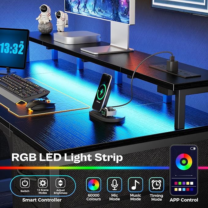 Huuger 63 inch Computer Desk with 4 Drawers, Gaming Desk with LED Lights & Power Outlets, Home Office Desk with Large Storage Space for Bedroom, Work from Home, Black