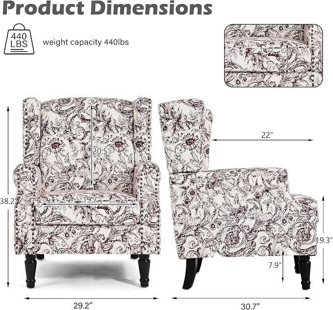 High Back Floral Accent Chair, Fabric Wingback Chair Upholstered Armchair for Living Room - Rococo Plum