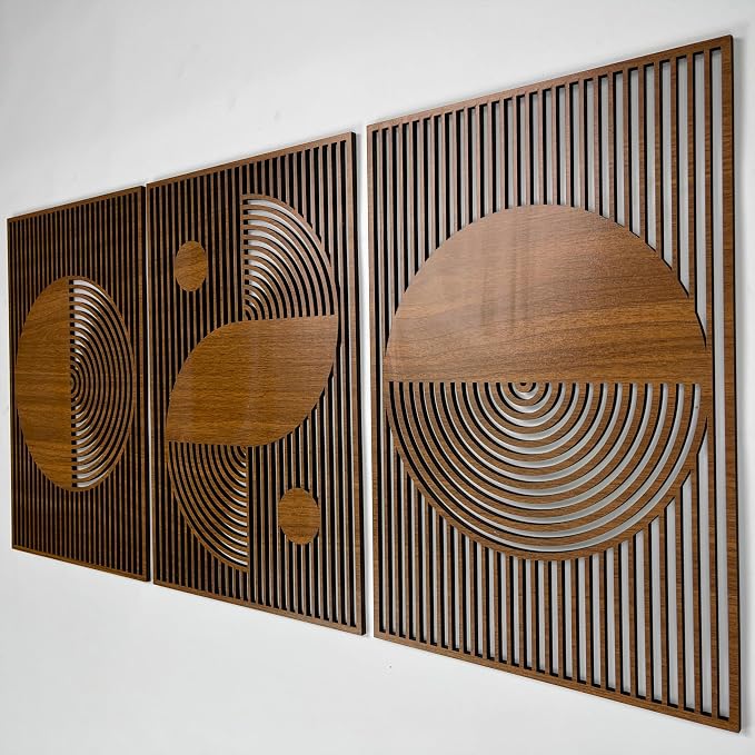Abstract Boho Wood Wall Art, Bauhaus Inspired Geometric Design, Mid Century Modern Wall Decor, 3 Panel Wooden Set, Statement Home Gift for Living Room and Bedroom