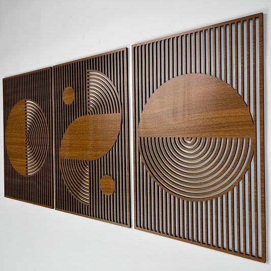 Abstract Boho Wood Wall Art, Bauhaus Inspired Geometric Design, Mid Century Modern Wall Decor, 3 Panel Wooden Set, Statement Home Gift for Living Room and Bedroom
