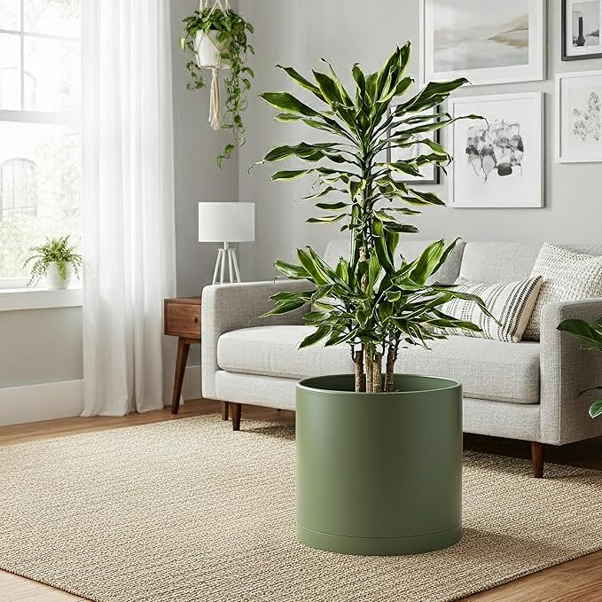 D'vine Dev 10 Inch 12 Inch 14 Inch, Set of 3 Plastic Planter Pots for Plants with Drainage Hole and Seamless Saucers, Olive, XX-Large, 74-V-I-6