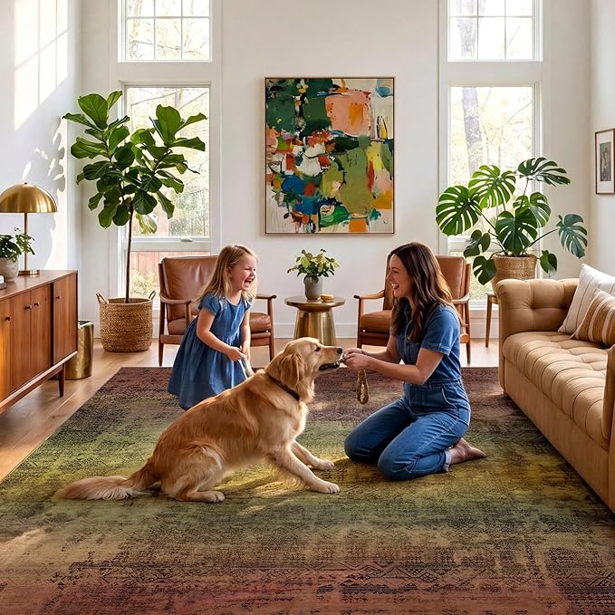 Kokia Abstract Terracotta Area Rugs 9x12 Bedroom Washable Decor Low Pile Distressed Non-Slip Indoor Carpet Foldable Stain Resistant Floor Mat Living Room Dining Room, Brown and Tan