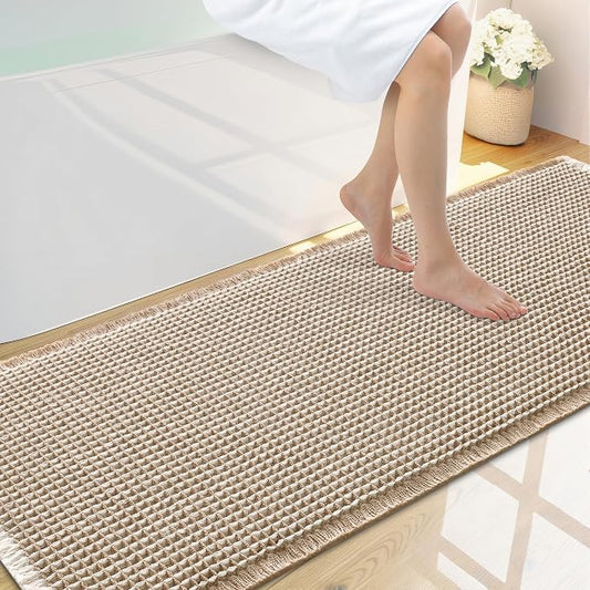 Smiry Waffle Bath Mat 59x20, Extra Soft Absorbent Bathroom Rugs, Non Slip Machine Washable Quick Dry Bath Rugs for Bathroom Floor, Tub, Shower, Home Decor Accessories, Brown & Cream