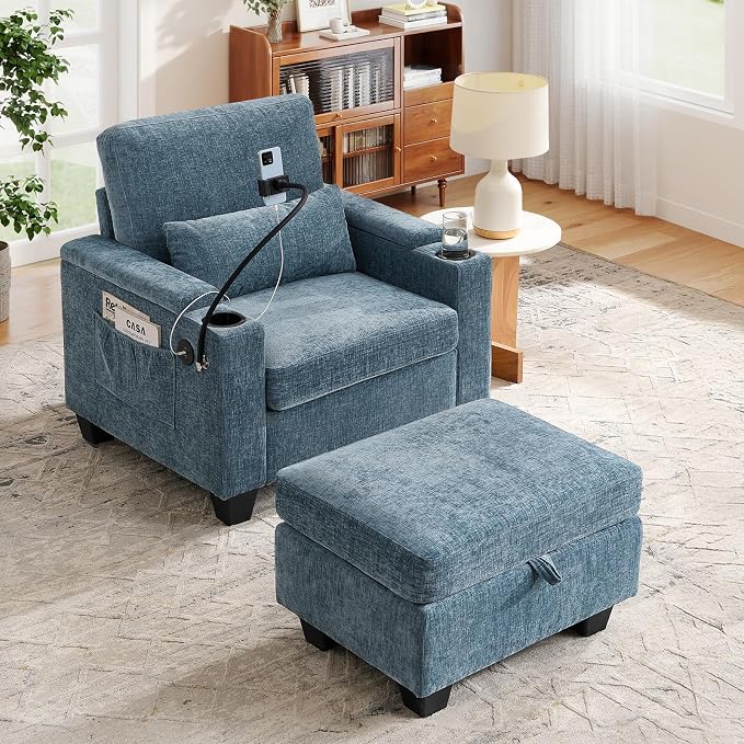 Small Chaise Lounge Chair Indoor with Ottoman&Adjustable Backrest,Chenille Tufted Recliner Comfy Sofa Chair with USB,Phone Holder&Storage Arms,Convertible Sleeper Couch Bed for Living Room(37"W,Blue)