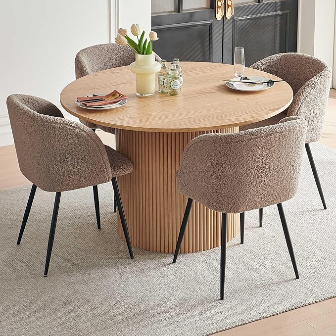 5 Piece Modern Round Dining Table and 4 Brown Barrel Kitchen Chairs Set, 47" Kitchen Coffee Table Wooden with Oak Veneer Tabletop, Faux Fur Sherpa Round Dining Chairs Table Set, Metal Frame