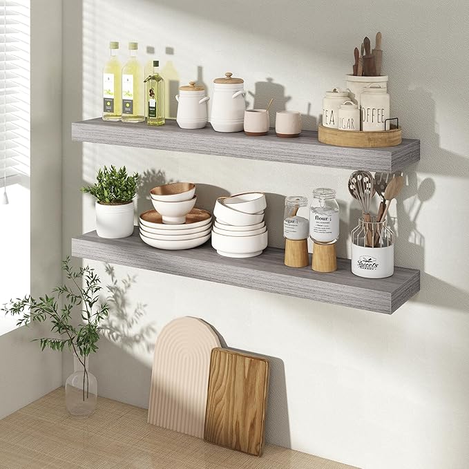 30 Inch Floating Shelves for Wall 2 Pack, 30" Wall Shelves for Books, Storage, Decor, Wall Mounted Floating Shelf with Invisible Brackets for Kitchen, Living Room, Gray