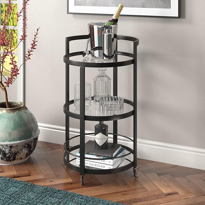 Henn&Hart 21" Modern Round 3-Tier Portable Bar Cart Home Bar Serving Cart for Home with Glass Shelves, Handle, and Caster Wheels for Dining Room, Living Room, or Kitchen, Black