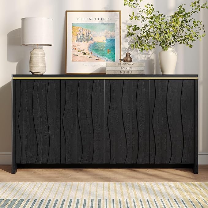 Vabches Fluted Buffet Cabinet with Storage, 3D Ripple Pattern Doors and Curved Edges, Modern Sideboard for Kitchen, Entryway, 4 Doors & Adjustable Shelf, Black, 57.9" W