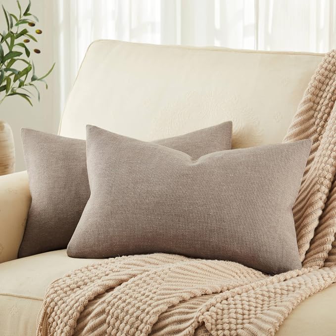 ZeeMart Rustic Cotton Linen Lumbar Throw Pillow Covers Set of 2, 12x20 Inch Cocoa Brown, Farmhouse Style Decorative Couch Pillow Cases Cushion Covers for Sofa Bed Living Room Home Decor