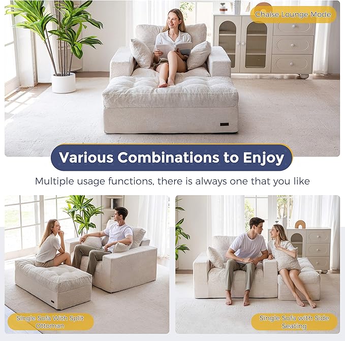 MAXYOYO Oversized Chaise Lounge Sofa, Upholstered Lounge Chair with 3 Pillows, Tufted Boneless Sofa Couch with Ottoman, Deep Seat Sofa Chair for Living Room, Bedroom, No Assembly, Beige