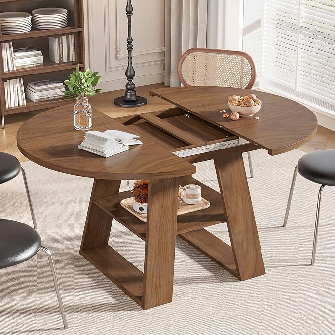 43.3in-59in Extendable Round Dining Table for 4-8, Modern Kitchen Oval Dining Table with Removable Leaves Space Saving, Wood Base with Storage Shelf for Kitchen Living Room, Walnut Style 2