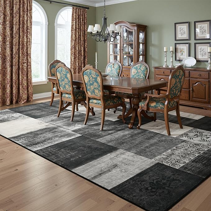 Tepook 4x6 Area Rugs for Living Room, Modern Large Geometric Rug for Bedroom, Washable Patchwork Rug Indoor Non Slip Throw Carpets for Dining Room Office Farmhouse Home Decor, Black and White