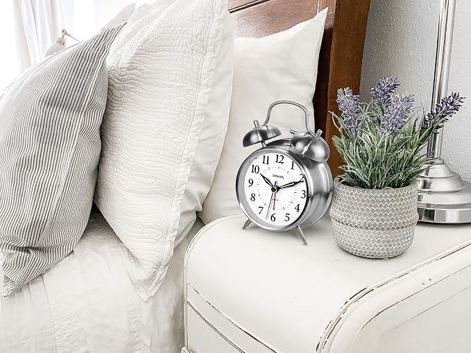 Sharp Twin Bell Alarm Clock - Loud Alarm - Great for Heavy Sleepers - Battery Operated Quartz Analog … (Brushed Silver)