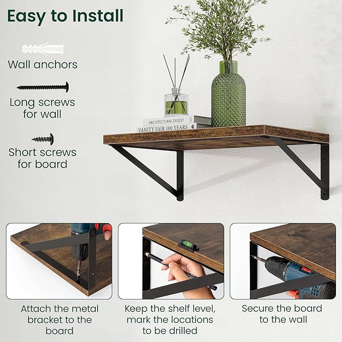 Floating Shelves, 12 Inch Deep Rustic Wood Wall Storage, 36W x 12D Wall Shelves Set of 2, Heavy Duty Metal Brackets, Large Industrial Book Shelf for Living Room, Kitchen, Bedroom, Brown