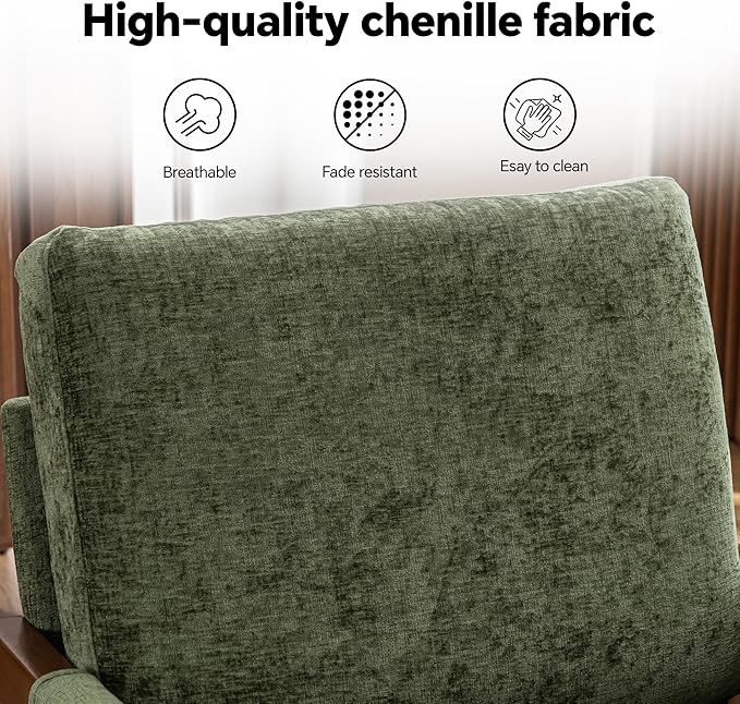 Mid Century Modern Accent Chair with Wood Frame, Upholstered Living Room Chairs with Wide Armrest, Chenille Fabric Comfy Arm Chair for Bedroom, Reading Room, Balcony (1, Green)