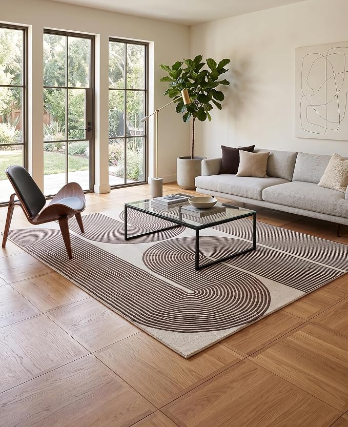 Modern Handmade Wool Area Rug, Abstract Curved Line Geometric Indoor Carpet for Living Room Bedroom, Contemporary Tufted Rug with Soft Pile and Cotton Backing (Cocoa Brown, 5' x 7')