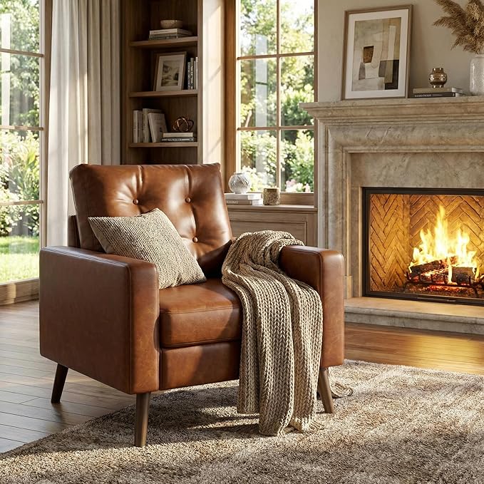 Wahson Office Chairs PU Accent Arm Chair with Tufted Back, Faux Leather Comfy Upholstered Single Sofa, Mid Century Modern Side Club Chair with Wood Legs for Reading/Living Room/Bedroom, Caramel