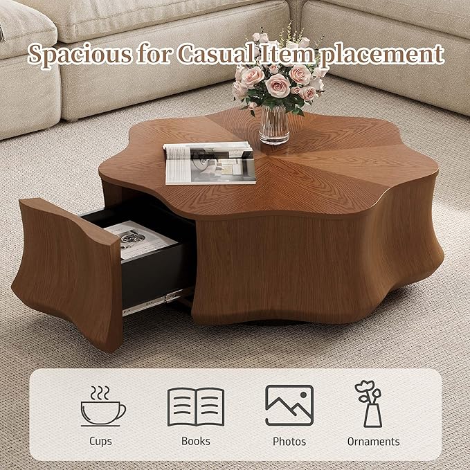 32.48" Flower - Shaped Coffee Table for Living Room, Fully-Assembled Mid Century Modern Center Small Table with Hidden Storage Drawer for Living Room, Apartment & Small Space