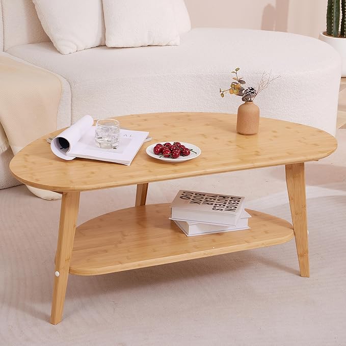 NAVREX Coffee Table, Mid Century Modern Oval Coffee Tables for Living Room, 100% Solid Wood, FSC Certifiled 40.2"*22" Round Center Table, Value Lies in Material, Easy Assembly