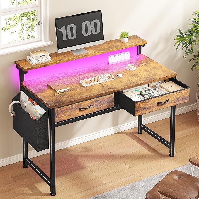 Gaming Desk with LED Lights with 2 Drawers, 31 Inch Desk Home Office Desk Computer Desk with Side Pocket & Ergonomic Monitor Stand, Small Space Study Writing Table with Anti-Tip Design, Rustic Brown