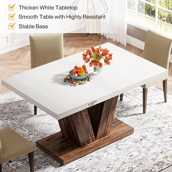 Tribesigns 47-Inch Dining Table for 4, White Kitchen Dinner Table with Heavy Duty Pedestal, Farmhouse Wooden Eating Table for Home, Dining Room, Small Space, White & Brown