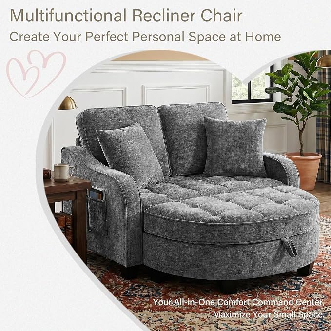 Round Chaise Lounge Chair with Storage Ottoman, Oversized Bubble Chair and a Half Featuring Adjustable Backrest, Plush Reading Accent Chair and Ottoman Set for Bedroom, Silver Grey