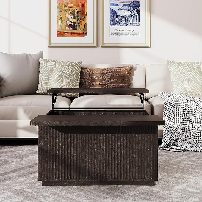 Lift Top Coffee Table with Storage,Fluted Square Center Table with Large Hidden Space,31.5" Coffee Table with Lifting Top,Center Table for Living Room,Dark Gray