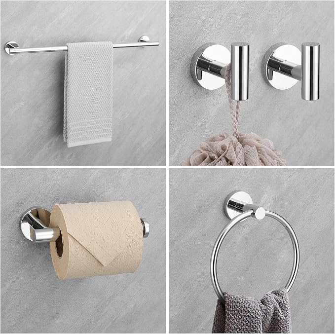 Chrome Bathroom Hardware Set, 4 Pieces Towel Bar Towel Holder Set Includes Towel Bar, Toilet Paper Holder,Towel Ring and Towel Hook Wall Mount Bathroom Accessories Towel Racks for Bathroom