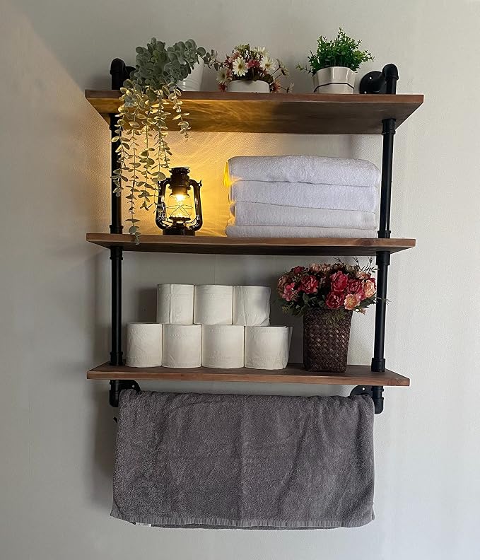 ROGMARS Industrial Floating Pipe Wall Shelves with Towel Rack,30 in Industrial Pipe Shelving Rustic Coffee Bar k Storage Wall Mounted Shelves for Living Room,Bathroom,Kitchen,Laundry Room
