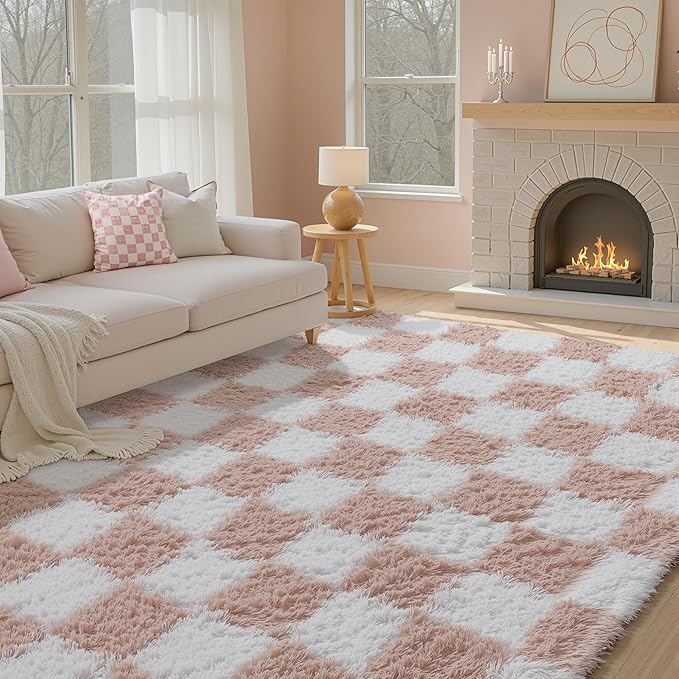 Checkered Rug 6x9 for Living Room, Pink and White Modern Shag Rug Washable Non-Slip Large Area Rug Super Soft Indoor Fuzzy Carpet Fluffy Rugs for Bedroom Home Aesthetic Decor