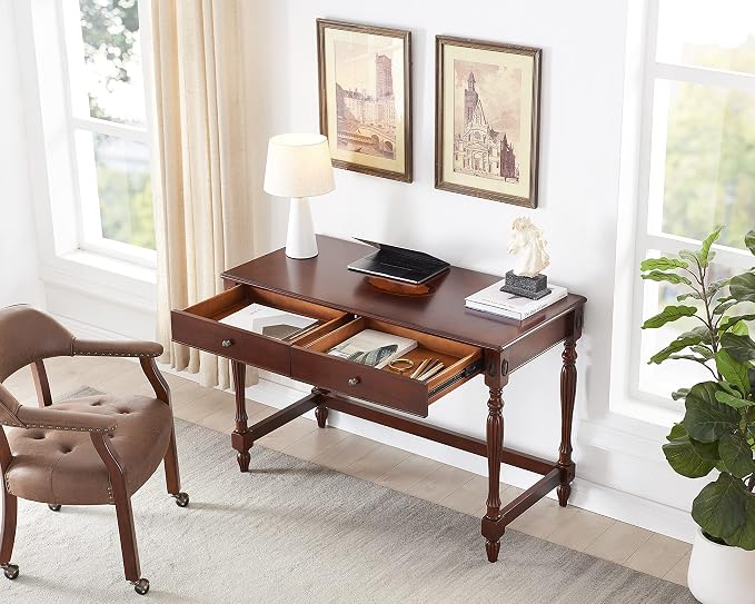 Desks with Drawers, 46" Home Office Desk with Stable Solid Wood Pedestral Legs, Vintage/Classic Style Computer Desk with Large Workstation for Home Office, Living Room Study or Workspace