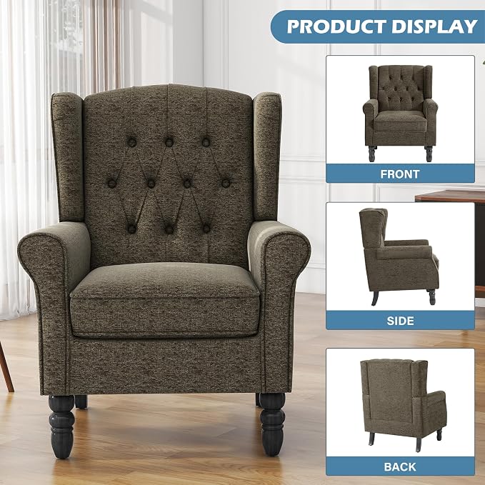 High Back Accent Chairs Set of 2, Upholstered Armchair Wingback Arm Chair for Living Room, Comfy Single Sofa Solid Wood Legs Bedroom Reading Seat - Taupe Tan