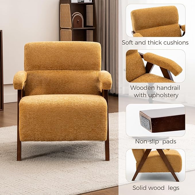 Accent Chair Mid Century Modern Living Room Chairs with Thick Cushion Comfy Upholstered Armchair Cozy Small Side Chairs for Reading Room Bedroom Yellow