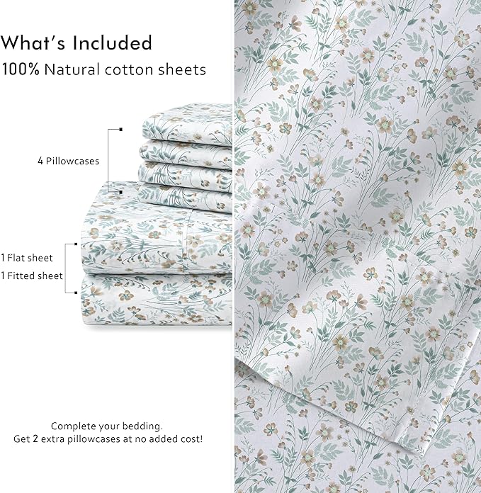 RUVANTI 100% Cotton Percale Sheets Queen Size 6 Piece Set, Cooling Bed Sheets for Hot Sleepers, Deep Pocket 16”, Breathable Lightweight & Durable, Crisp Hotel Style Sheets, Fleur & Field