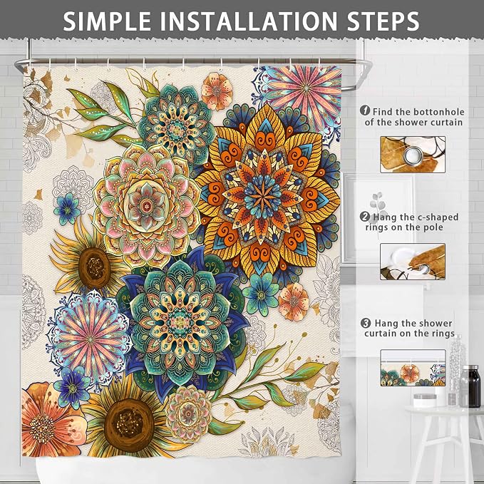 Mid Century Abstract Boho Aesthetic Shower Curtain Set, Green Nature Leaf Sun Modern Minimalist Home Bathroom Curtain Decor with 12 Hooks 72 Inch Wide * 84 Inch High