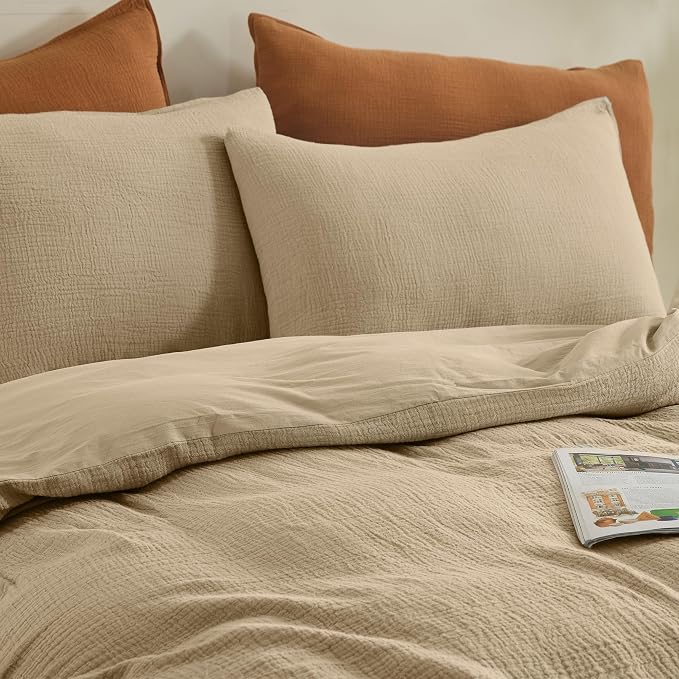 Simple&Opulence Linen Muslin Duvet Cover Set King Size, 3Pcs Camel Linen Cotton 3-Layer Gauze Minimalist Comforter Cover 104”x92”, Ultra Soft Breathable Seersucker Bedding Set with 2 Pillowcases