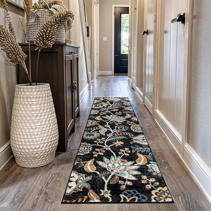 Rugshop Black Floral Runner Rug – Colorful Botanical Indoor Carpet for Living Room, Bedroom, or Dining Room – Soft Low-Pile, Non-Shedding Traditional Runner Rug 2' 3" x 12'