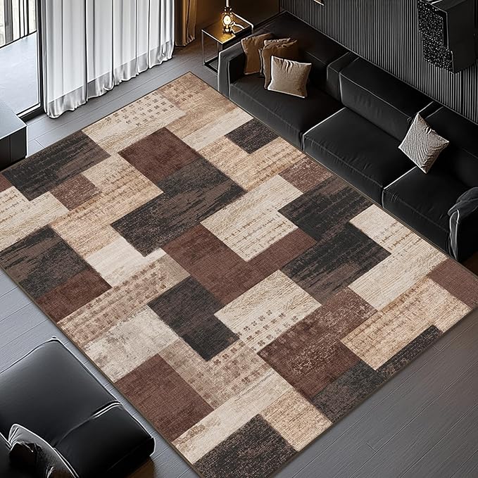 Modern Geometric Patchwork Indoor Area Rug for Living Room, Chocolate 10'x 14' Large Rug Rockwood Collection Hardwood Floors Decor for Bedroom, Brown Throw Carpet for Office Dining Room