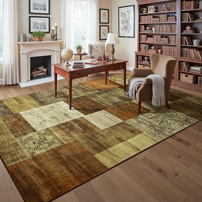 Tepook Modern Area Rugs for Living Room, 9x12 Washable Large Rug for Bedroom, Geometric Patchwork Rugs Indoor Non-Slip Throw Carpets for Dining Room Office Farmhouse Home Decor, Brown