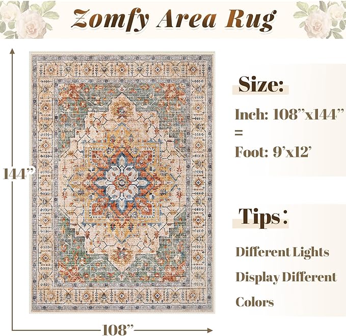 Area Rug 9x12 Vintage Rug: Large Washable Indoor Medallion Rugs Low Pile Distressed Floor Carpet Retro Accent Rug for Living Room Bedroom Kitchen Dining Table Home Office(Green/Yellow, 9'x12')