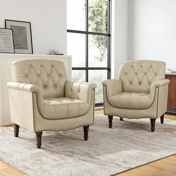Faux Leather Club Chairs Set of 2, Retro Upholstered Armchair Accent Chair with Solid Wood Legs & Nailhead Trim for Living Room/Reading Room, Beige