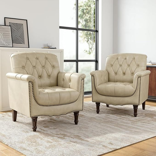 Faux Leather Club Chairs Set of 2, Retro Upholstered Armchair Accent Chair with Solid Wood Legs & Nailhead Trim for Living Room/Reading Room, Beige