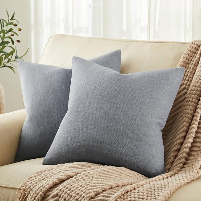 ZeeMart Rustic Cotton Linen Throw Pillow Covers Set of 2, 18x18 Inch Blue Ashes, Farmhouse Style Decorative Couch Pillow Cases Cushion Covers for Sofa Bed Living Room Home Decor