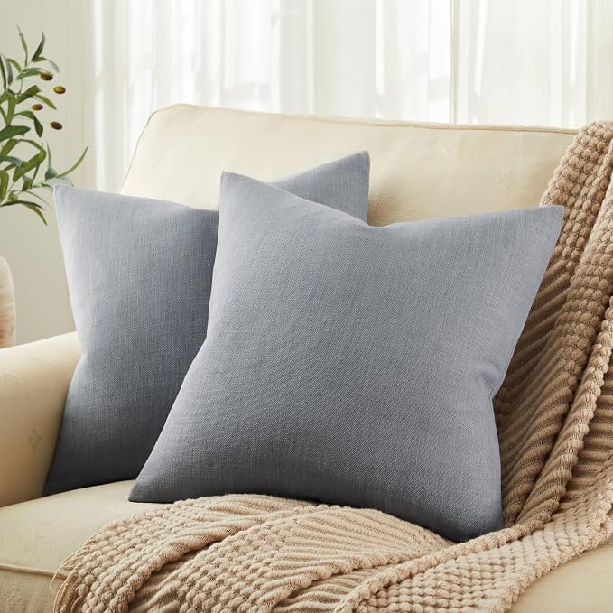 ZeeMart Rustic Cotton Linen Throw Pillow Covers Set of 2, 20x20 Inch Blue Ashes, Farmhouse Style Decorative Couch Pillow Cases Cushion Covers for Sofa Bed Living Room Home Decor