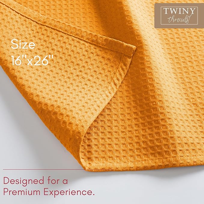 TWINY threads Kitchen Towels Set of 4, 100% Soft Cotton Waffle Weave Dish Towels with Hanging Loop, Reusable for Table Cleaning, Dinning, Parties - 16"x26" - Mustard Yellow